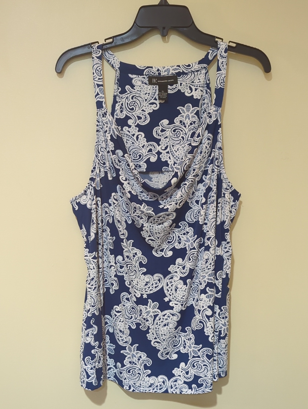 INC Navy White Paisley Cowl Neck Sleeveless Blouse Tank Camisole - Size XL